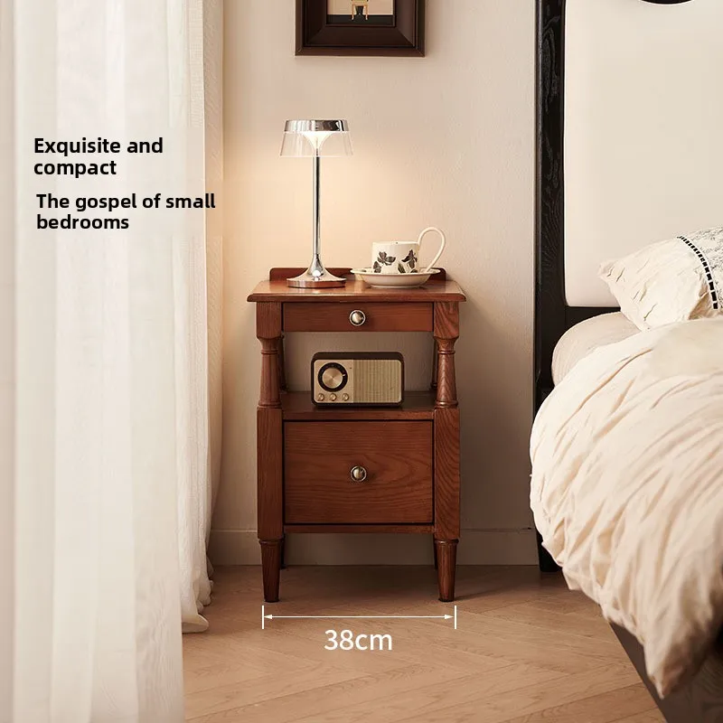 Small apartment bedside table French retro solid wood double-layer drawer bedside locker Small apartment household