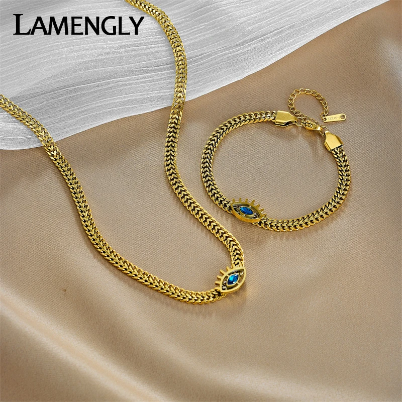 LAMENGLY 316L Stainless Steel Blue Eye Zircon Thick Chain Necklace Bracelet For Women New Punk Girls Jewelry Set Birthday Gifts