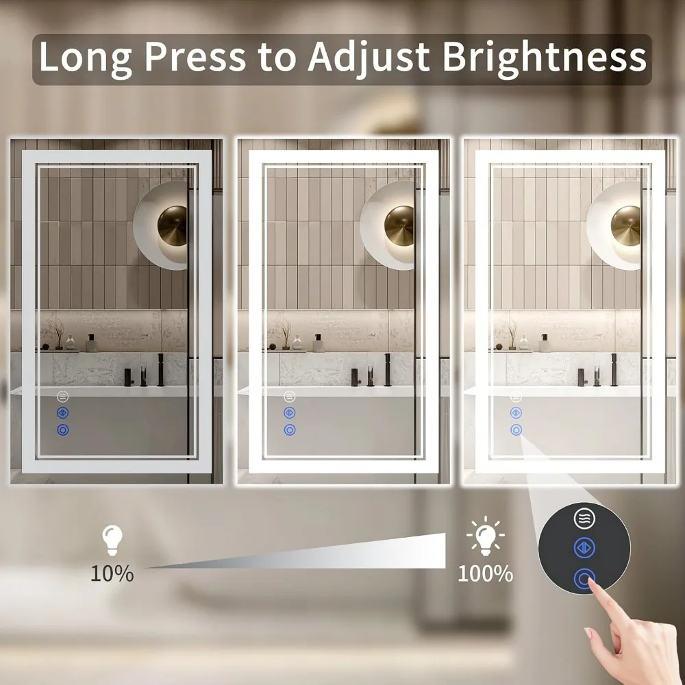Espelho de banheiro LED 30x38 com luzes, antiembaçante, retroiluminado + iluminação frontal, regulável, espelho de vaidade LED para parede, 3 cores, diversão com memória