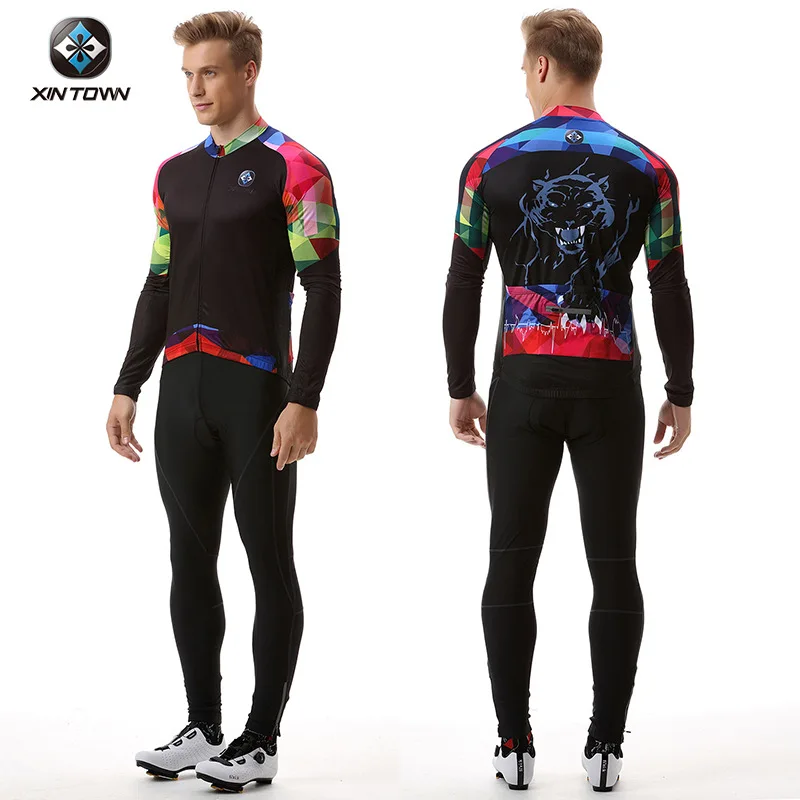 

XINTOWN New Black Panther Style Summer Long Sleeve Cycling Suit, Men's Bike Racing Clothing Set