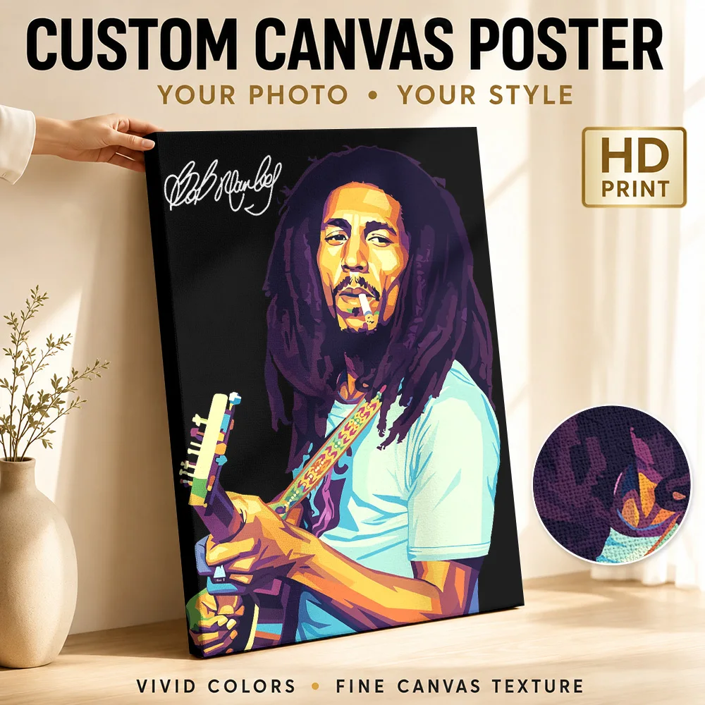 Bob Marley Portrait with Guitar Canvas Poster Custom Retro Music Wall Art for Studio Bedroom Decor Ready to Hang Gift for Fans