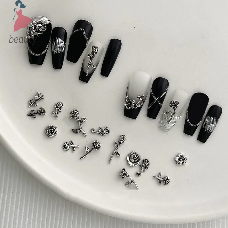 10PCS 3D Rose Nail Art Ornament Alloy Nail Art Charms DIY Craft For Nail Decoration Silver Retro Flower Nail Charm Jewelry Salon