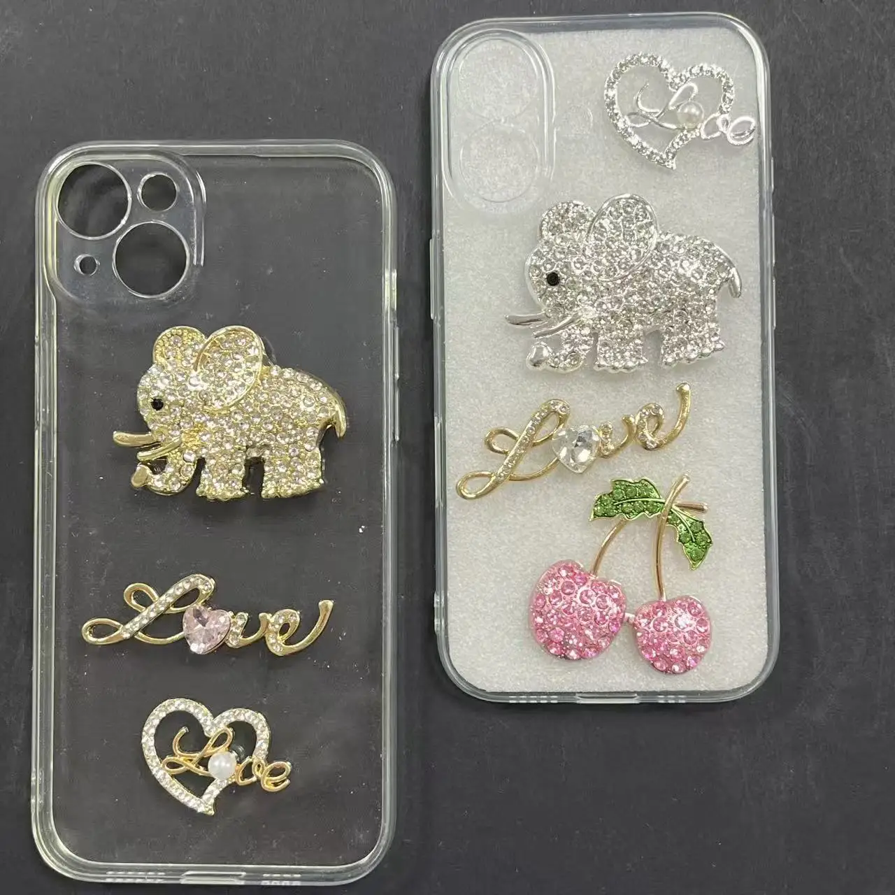 

2Pcs Metal Cartoon Diamond Elephant Cherry Heart Lip Junk Phone Case Ipadcase Mirror Charm DIY Craft Accessory Decoration Parts