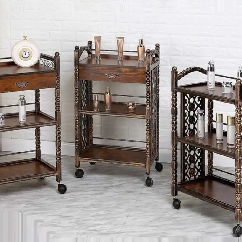 

Retro Spa Furniture Barber Cosmetic Trolley Cart Storage Salon Rotating Serving Hair Aesthetics Rollwagen Beauty Delivery