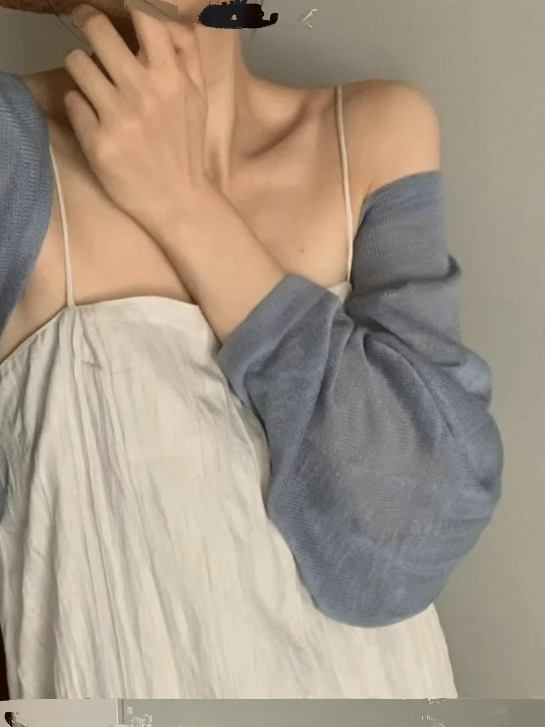 Ice Silk Knitted Light Weight Summer Cardigan Women's Half Open Collar Long Sleeve Top with Strap Vest Outerwear Cover up