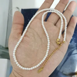QMHJE 4mm Glass Imitation Pearl Necklace Women Men Base Choker Stainless Steel Clasp Extend 40cm+5cm White Wholesale Fashion