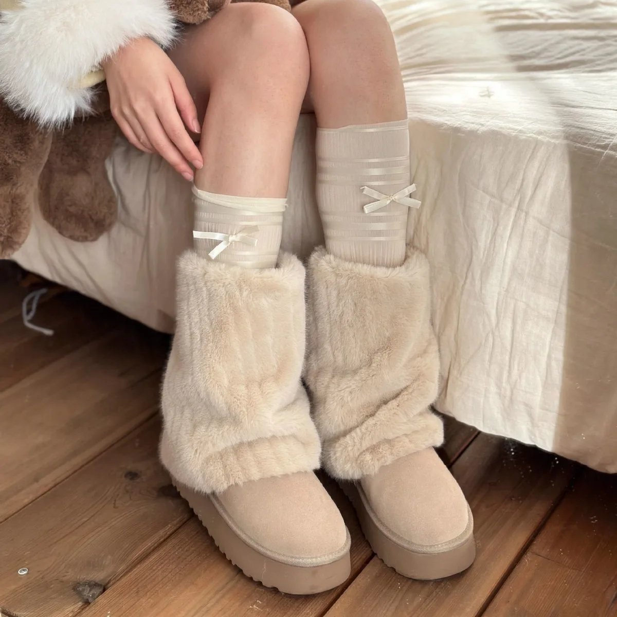 CHABELLA 2024Ins Style Beige Plush Warm Women's Thick Soled Snow Boots 2024 New Winter Fashion Thick Plush Mid Tube Cotton Shoes