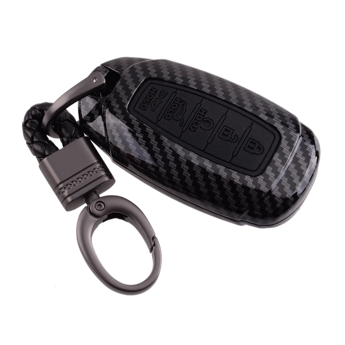 Carbon Fiber Style Car Remote Key Fob Cover Case Shell with Chain 5 Button Fit for Hyundai Palisade Elantra 2021 2020 2019 2018