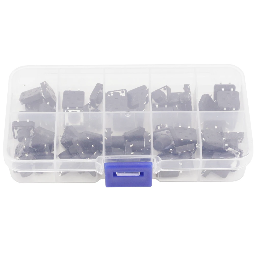 50 PCS 10 Models 12*12 Tact Switch Tactile Push Button Switch Kit Height: 4.3 5~12MM DIP 4P Micro Switch 12x12 Key Switch