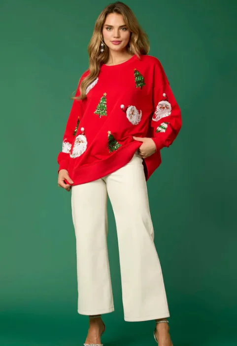 BKLD Women's Festive Christmas Sweatshirt Sequine Graphic Casual Loose Long Sleeve Pullovers Round Neck Sweatshirts For Winter