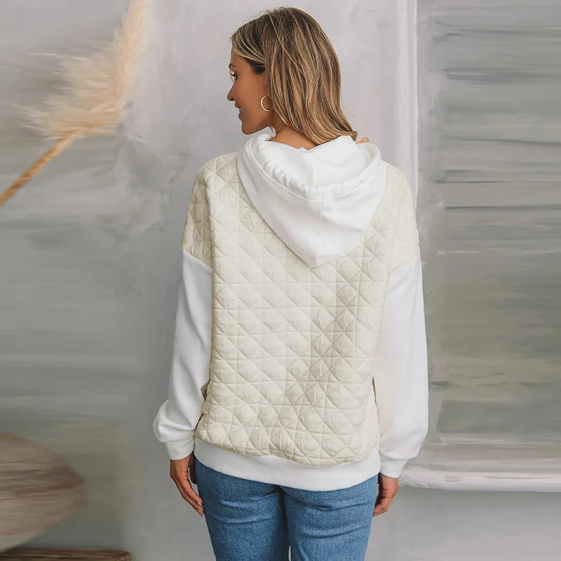 2025 Autumn New Color Blocked Hooded Long Sleeved Top for Women's Casual Versatile Drawstring Shoulder Sweatshirt for Women