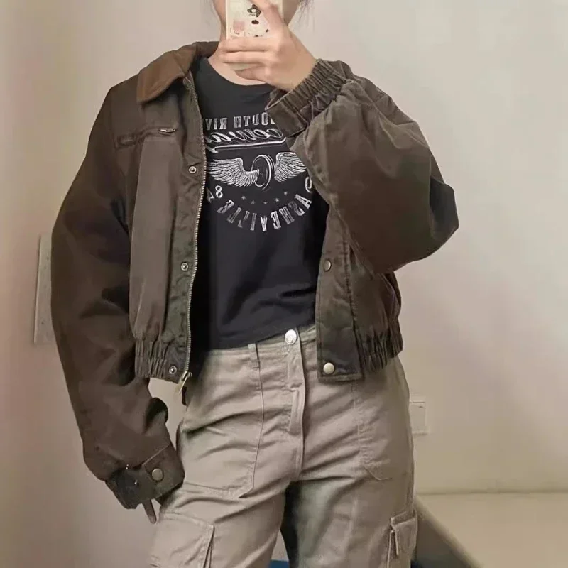 Women Quilted Coats Zipper Turn Down Collar Splice Jackets Solid Cargo Jacket Long Sleeve Splice Casual Outwear Autumn