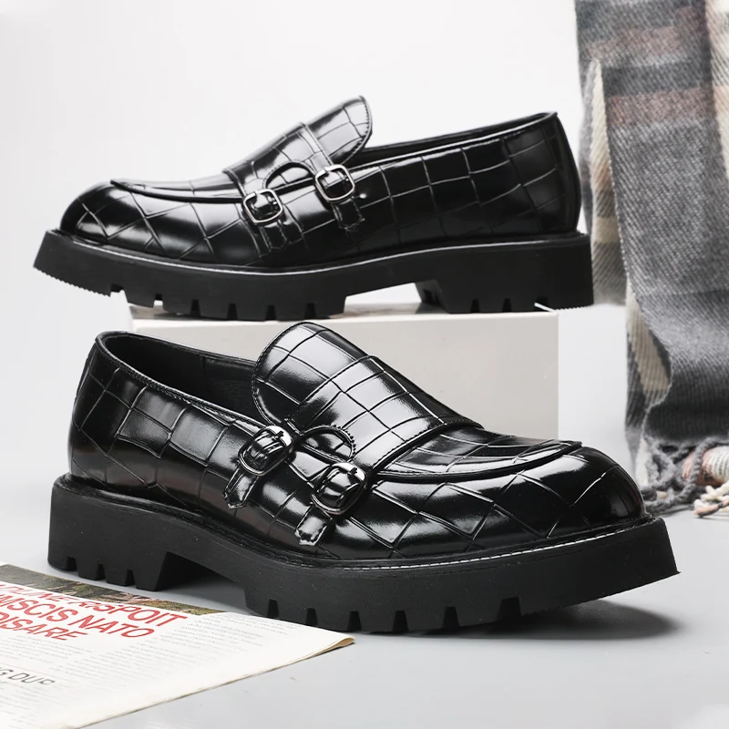 Platform Shoes Loafers Shoes Men Thick-soled Wedding Shoe Black Formal Business Shoes Slip-on Leather Increase Big Size 38-48