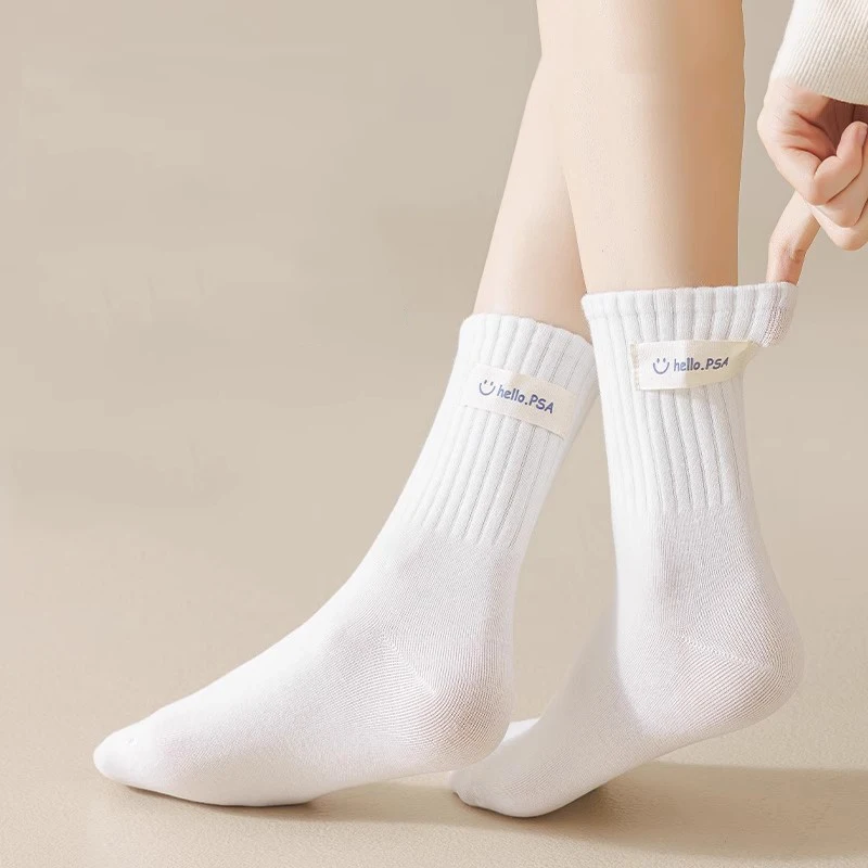 5 Pairs White Cute Socks Women's Tube Socks Summer Thin Pure-Cotton Trendy Sports Summer College Style Stockings