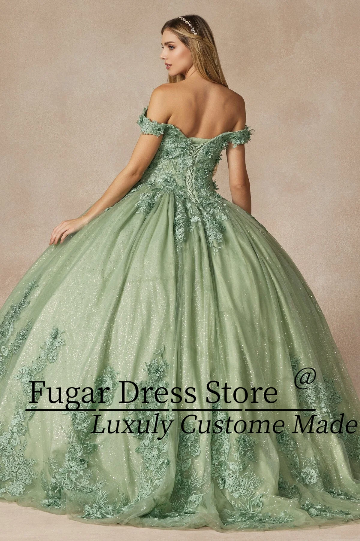 Fashion Sage Green Princess Ball Gowns Quinceanera Dresses Luxuly Flower decal long shoulder exposed flashVestidos De XV Anos