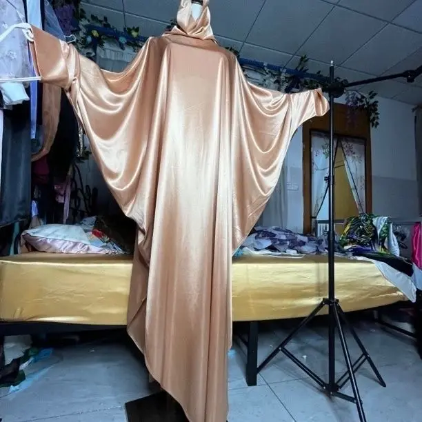 

Super Loose Hoodie Mask Glossy Women Satin Batwing Sleeve Long Maxi Dress Plus Size Sleeping Robe