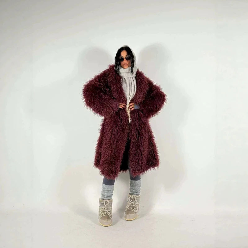 Collar Fur Long Coat for Women 2026 Autumn Winter New Fashionable French Style Elegant Imitation Lamb Wool Casual Warm Outerwear