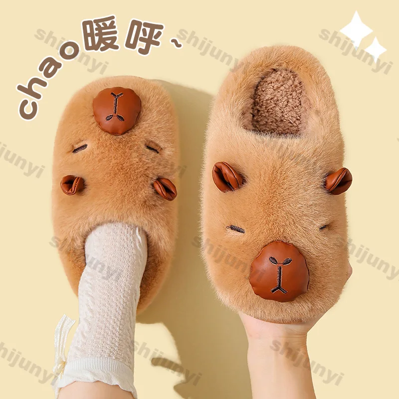 Zapatos de algodón Capybara para niños, moda de invierno 2025, zapatos de suelo para el hogar para interiores, zapatillas de pareja antideslizantes de felpa cálidas