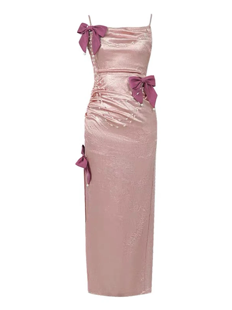 Kawaii – Robe de soirée longue en Satin rose pour femmes, douce et élégante, avec nœud mignon, bretelles en chaîne de perles, fente Maxi, robes de bal