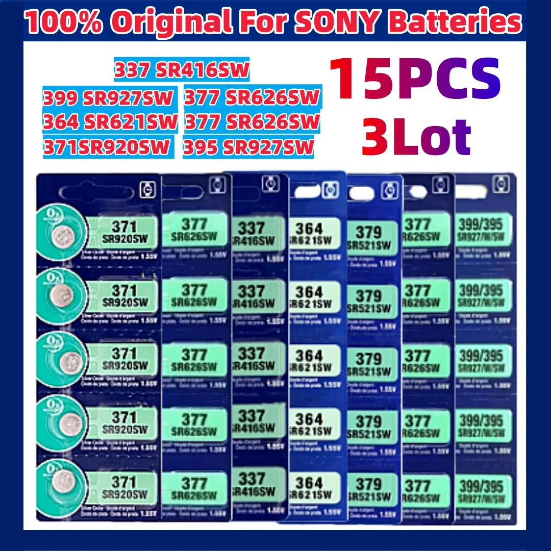 

15pcs For Sony 337 SR416SW Silver Watch Battery 364 SR621SW 371 SR920SW 377 SR626SW 379 SR521SW 395 399 SR927SW Coin Cell