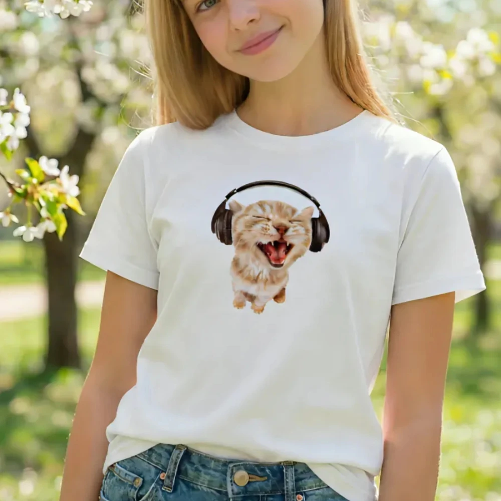 Summer Cute Kitten Headphone Boys Girls T Shirt Kids Baby Youth Tee Streetwear Casual Cotton Oversized Short Sleeve Clothing top