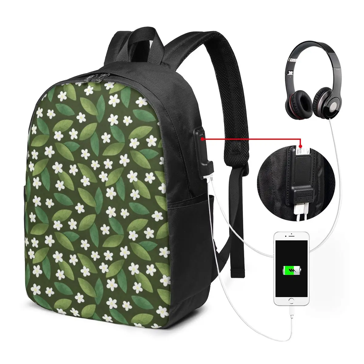 Pattern Of Green Leaves And White Flowers Backpack Travel Notebook Bag Computer College Student School Bag Laptop Shoulder Bags