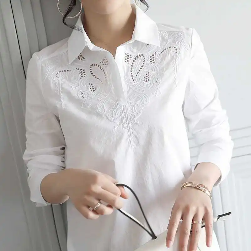 Solid Shirt Women's Middle and Long Style 2023 Spring and Autumn New Korean Version Versatile Long-sleeved POLO Neck Hollow-out