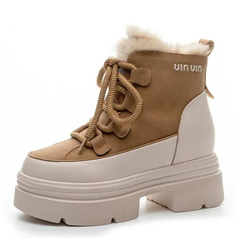 

7CM Cow Suede Genuine Leather Chimney Women Fashion Ankle Booties Boots Moccasins Ladies Winter Plush Spring Autumn Shoes