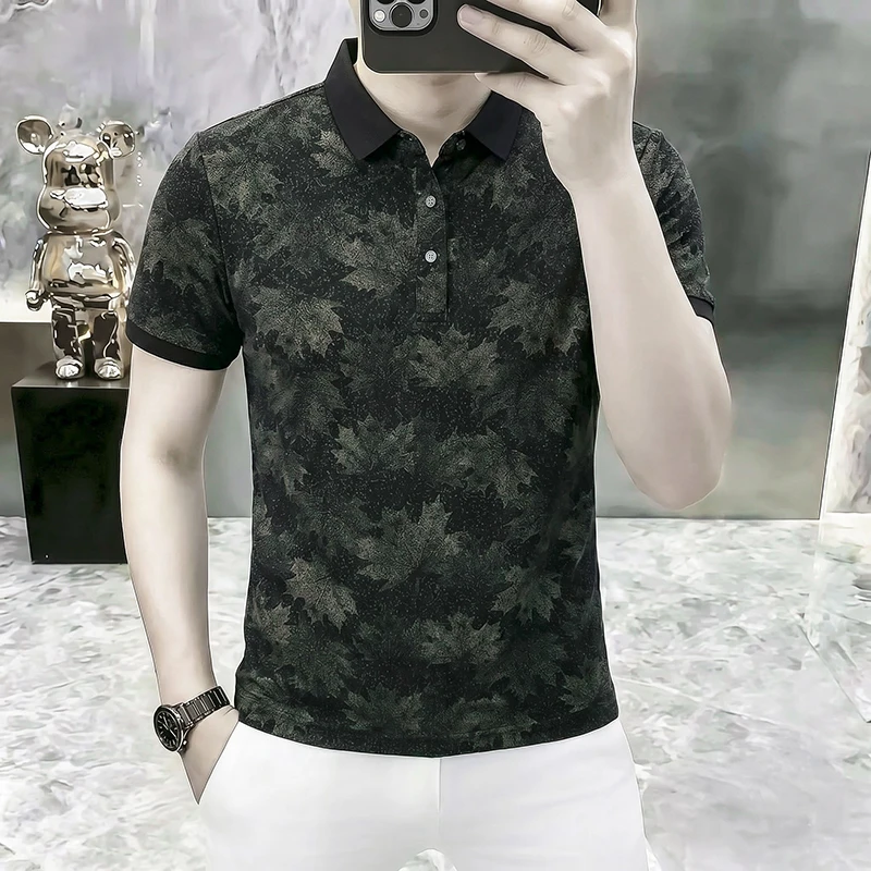 Leaves Print Trendy Men's Polo Shirts Short Sleeve Anti-Wrinkle Summer High-Quality Coolness Breathable Slim Fit Polos De Hombre