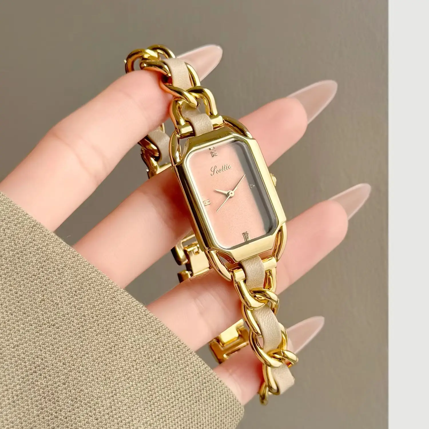 Vintage Watch for Women Luxury Rectangle Dial Quartz Wristwatch Ladies Chain Leather Splice Bracelet Watch Elegant Dress Watch