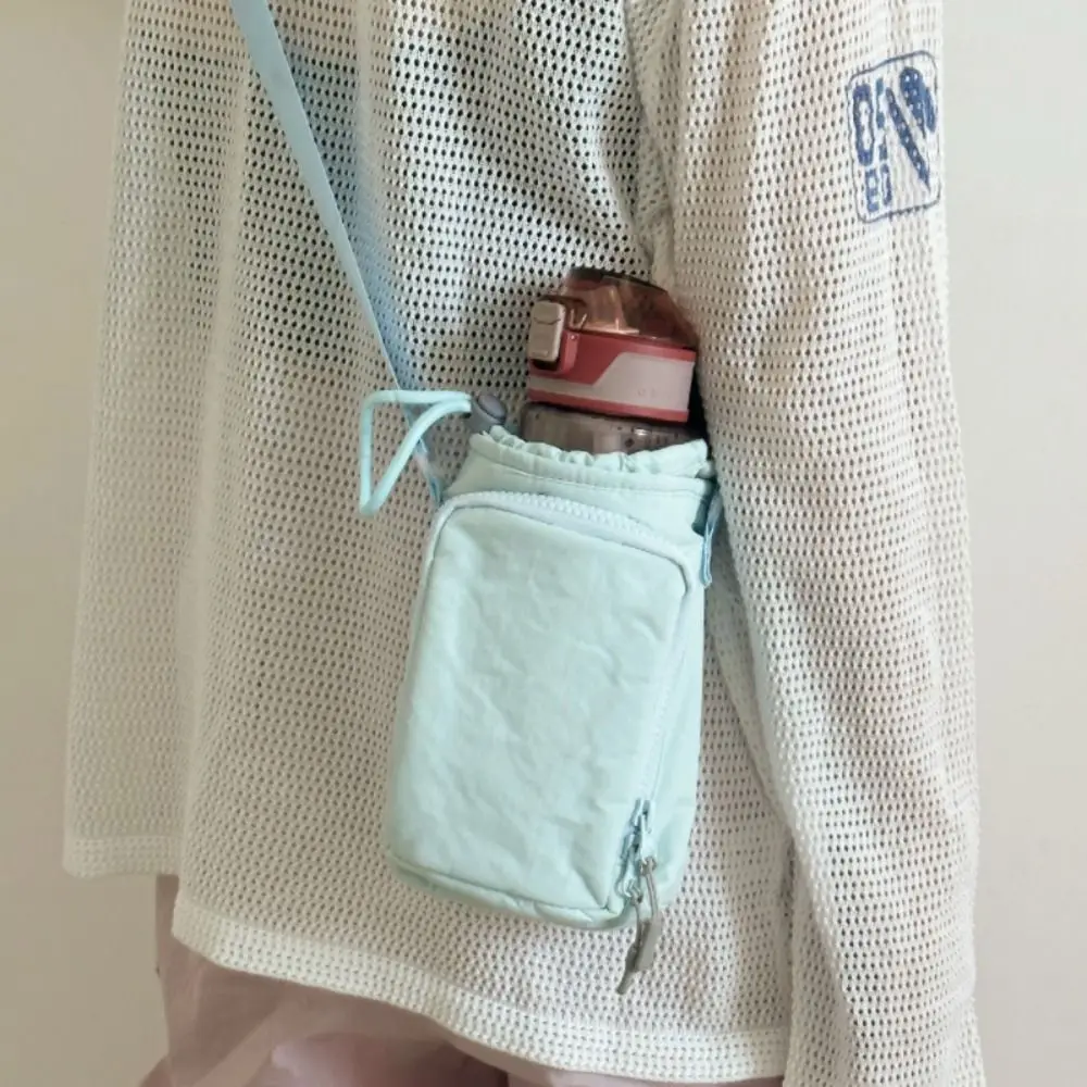 

Korean Style Drawstring Bag Purse Water Bottle Holde Nylon Shoulder Bag Solid Color Water Cup Cover Mobile Phone Bag Girls