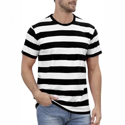 Black White Striped T-Shirt Men Basic Crewneck Short Sleeve Casual Daily Tops Halloween Costume Theme Party Tee Clothes