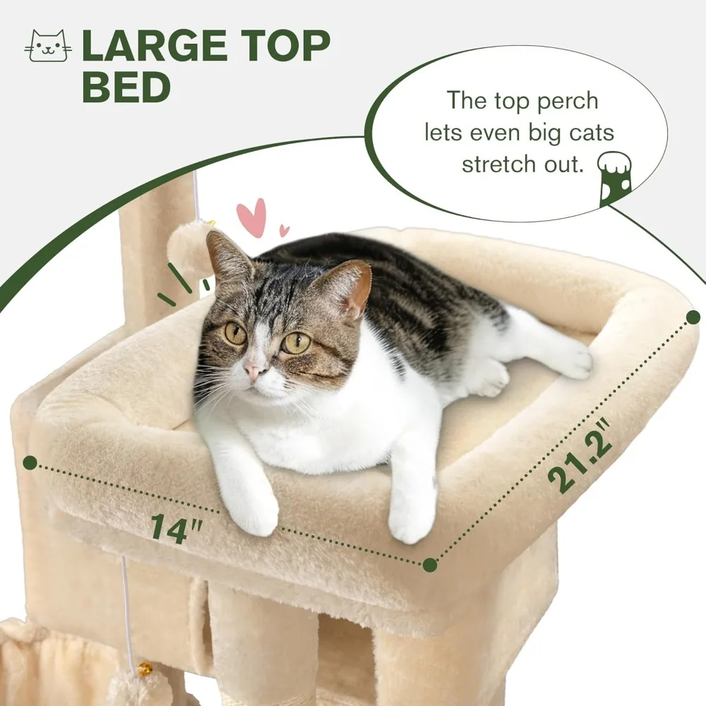 MUTICOR 66 Inches Multi-Level Large Cat Tree Tower for Indoor Big Feline/Cozy Plush Perches/Condo/Sisal Scratching Posts/Hammock