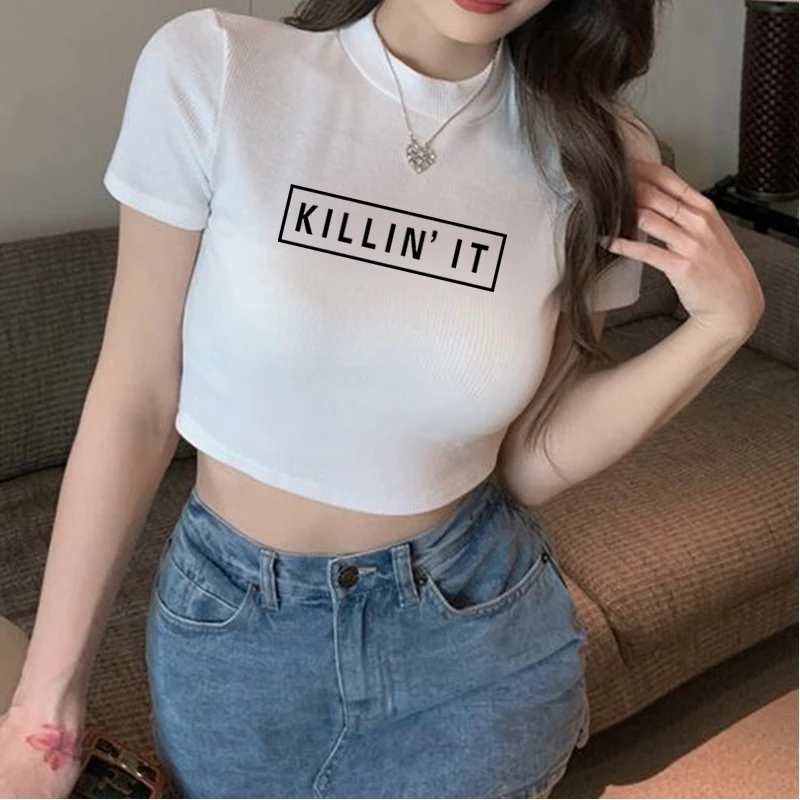 Killin'it Letter Women's Cute Pattern Printed Crop Top, Retro Aesthetic Short Sleeves, Sexy Hottie T-Shirt, Y2k E Girls Clothing