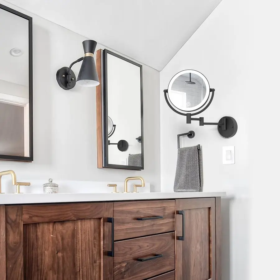 مرآة مكياج مضاءة مثبتة على الحائط مع 3 أضواء ملونة تعتيم ستبليس، 1X 10X مكبرة LED بمستشعر لمس الحمام على الوجهين