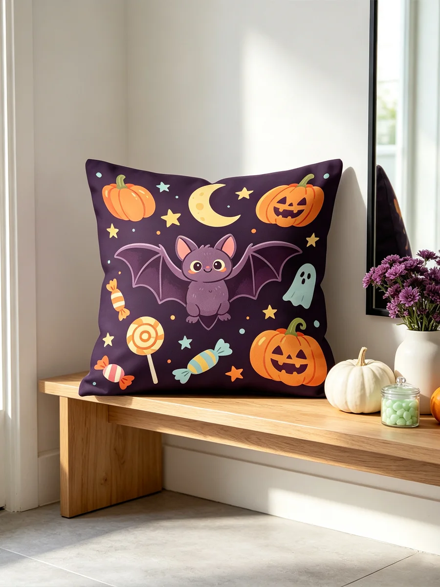 1PC Digital Print Pillow Cover Cute Bat Pumpkin Ghost Moon Stars Candy Halloween Cartoon Sofa Couch Bedroom Home Decor Gift