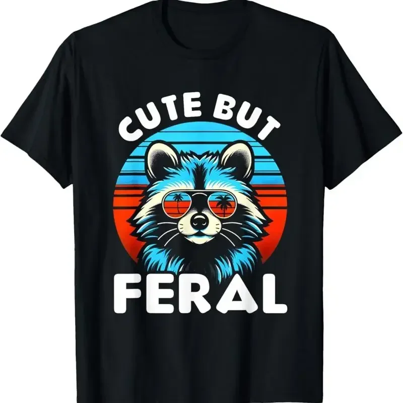 Cute But Feral Funny Colorful Racoon With Sunglasses T Shirt