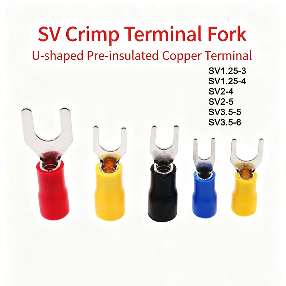100pcs Pre-insulated U Fork Wire Terminals SV1.25-4 Series Brass Crimp Spade Lugs Electrical Cable Connectors for 0.5~4mm² Wires