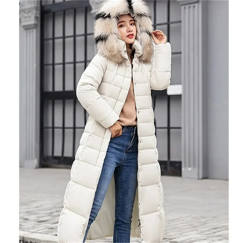 Chaqueta larga acolchada de algodón con capucha para mujer, parka con Cuello de piel, abrigo coreano holgado y cálido, prendas de vestir gruesas,