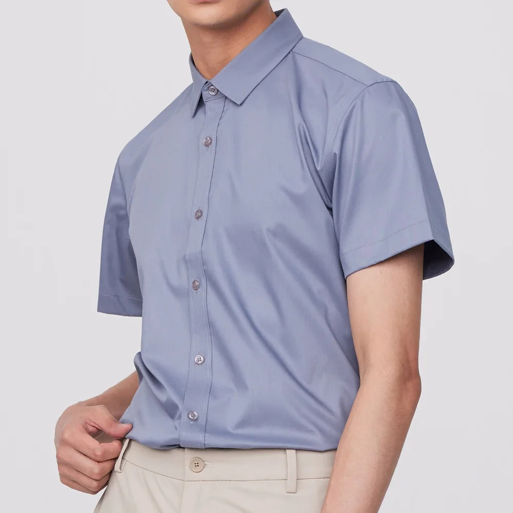 Men's Summer Short Sleeve Slight Strech Basic Dress Shirt Without Pocket Casual Standard-fit Bamboo Fiber Easy Care Shirts