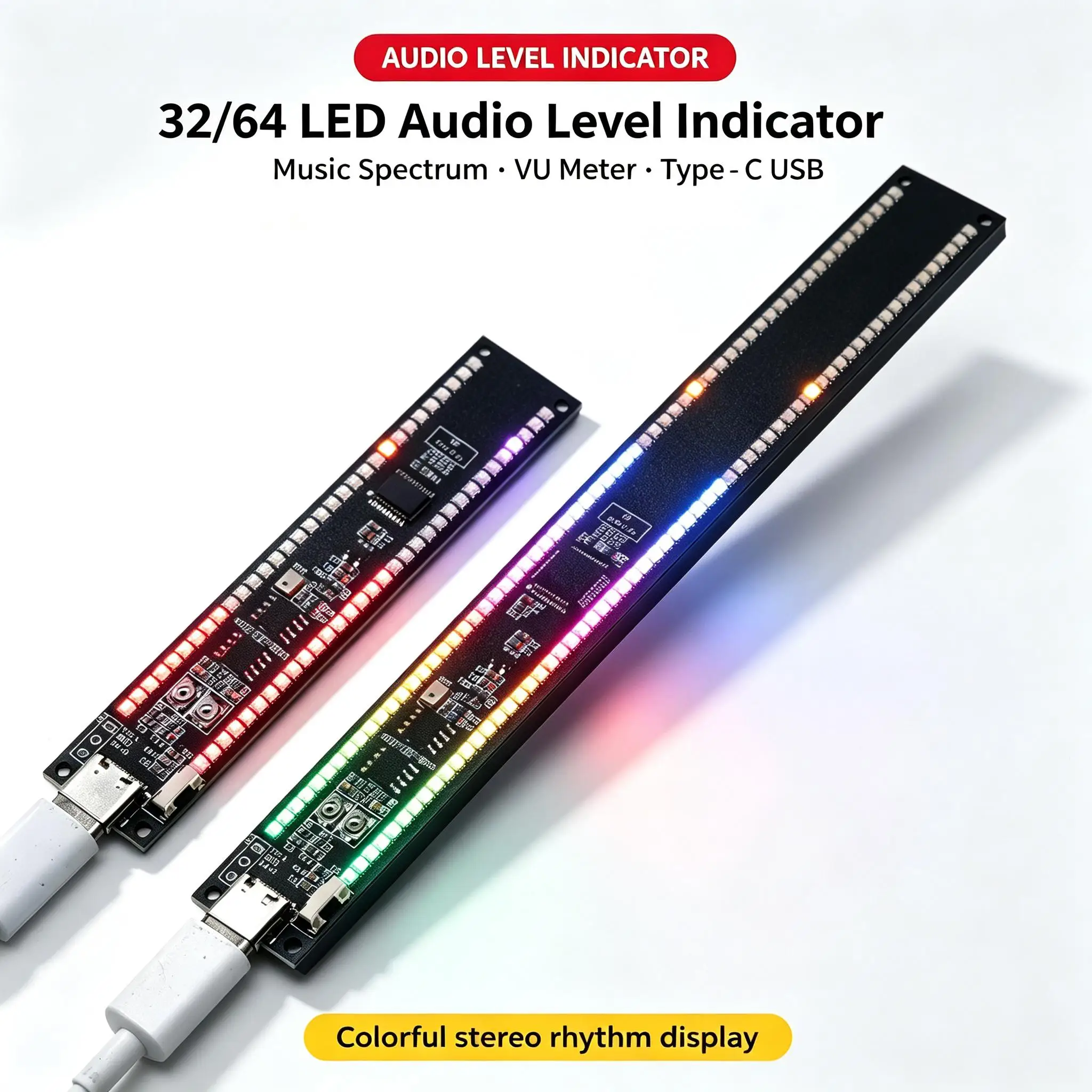 DYKB 32/64 LED Audio Level Indicator Stereo Music Spectrum Display Rhythm Light TYPE-C USB Colorful Atmosphere Lamps VU Meter 5V