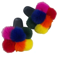 Fluffy Slides Women Pom Pom Fur Slippers Summer Fashion Fur Slides Flat Sandals Indoor Outdoor Flip Flops