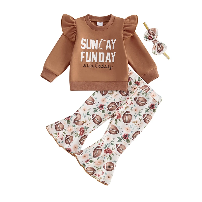 2PCS Toddler Girls Outfits Long Sleeve Sweatshirt Football Flower Print Pants Hairband Set Baby Clothes