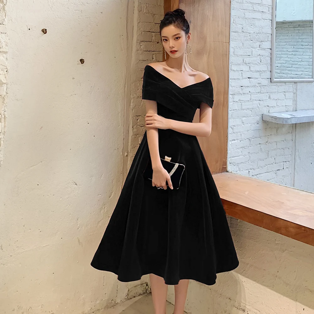 Multiple Styles Solid Simple Evening Dress Women's Pleated Off Shoulder Velvet/Satin Fabric Prom Gown Slim A-Line Vestido