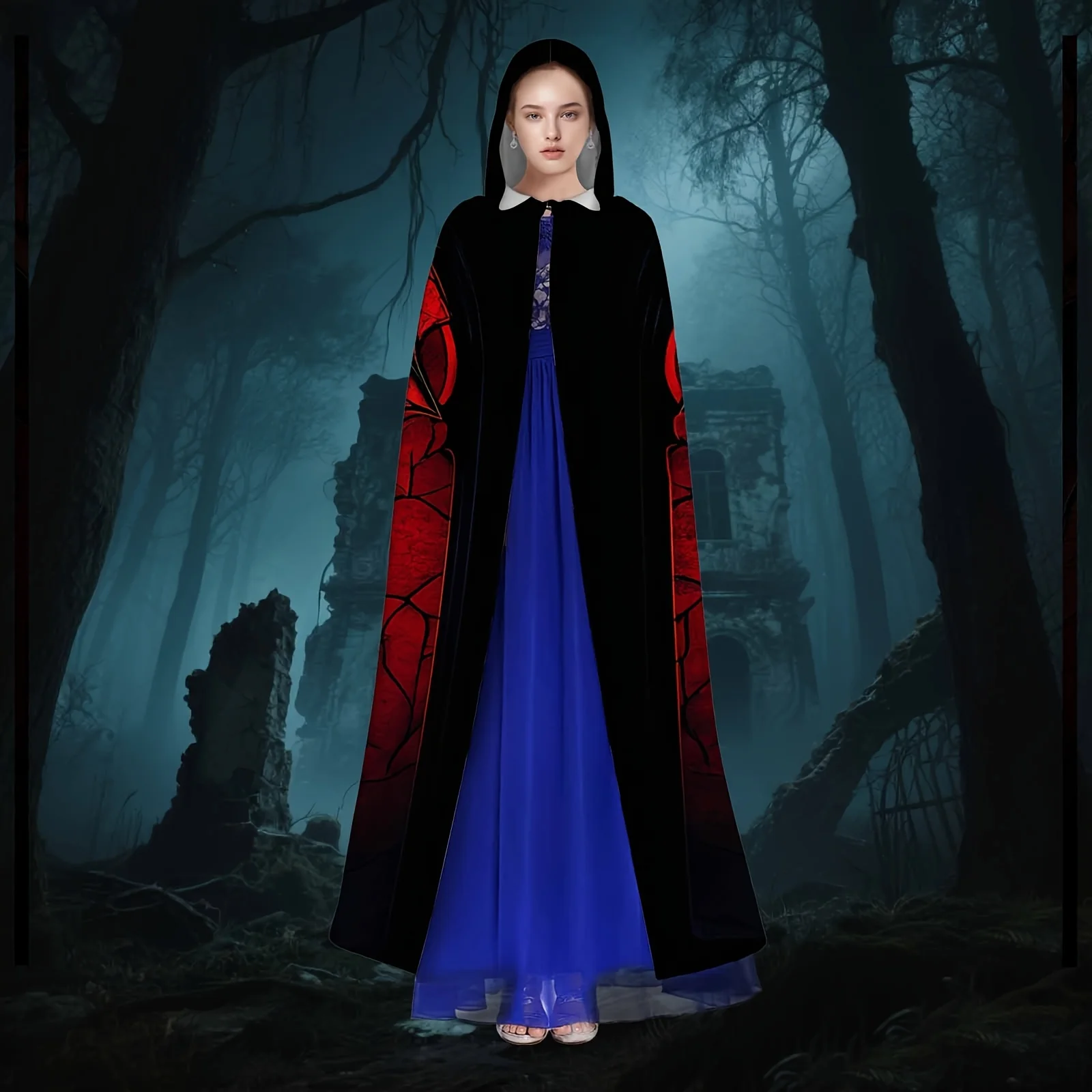 1pc Halloween-kostuum met capuchon - Gebrandschilderd glasstijl met vleermuissilhouet Rood licht Machinewasbaar polyester