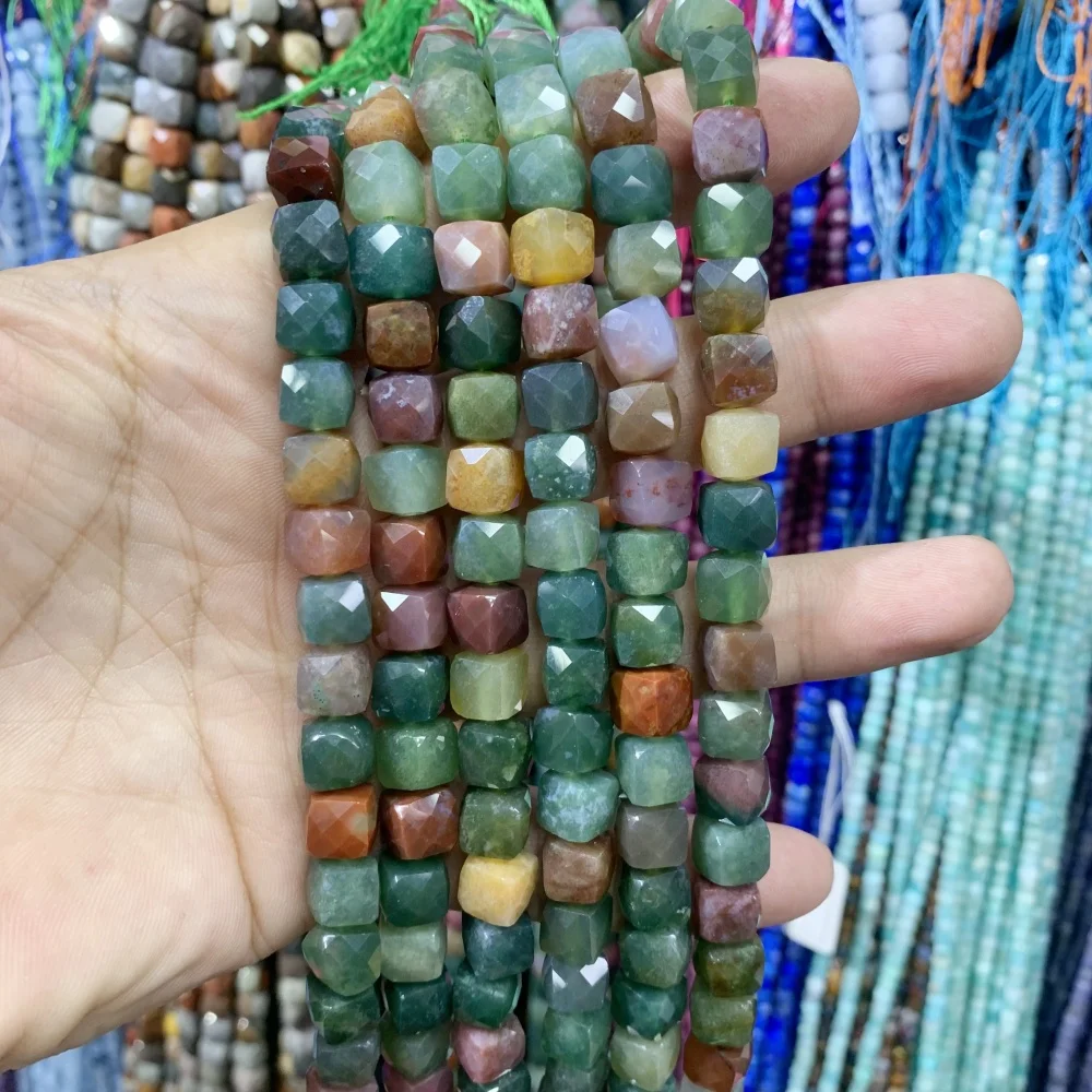 8x8mm Natural Faceted Stone  Indian agate landscape jaspe New Jade Spacer Beads For Jewelry Making DIY Bracelet Necklace