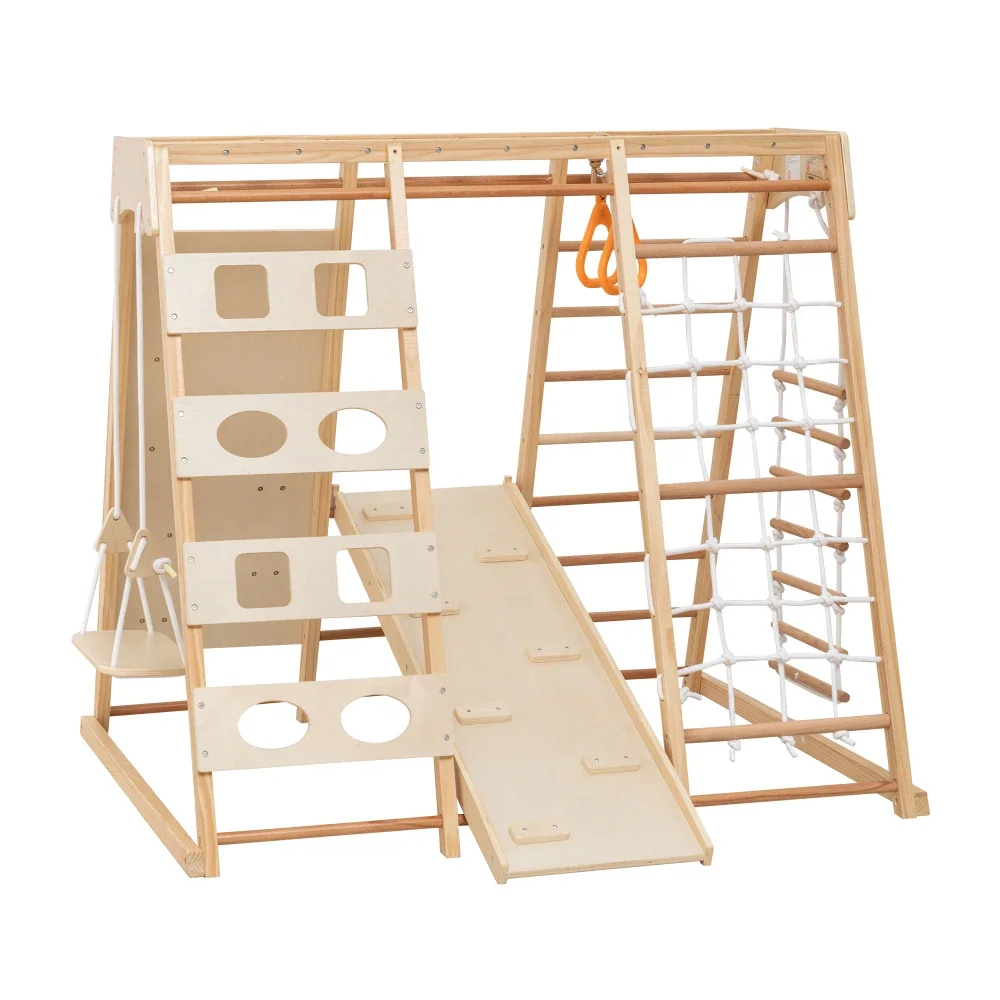 9-in-1 Slide and Climbing Wall for Toddlers 3+, Wooden Indoor Play Structure, Heavy Duty 176 lbs Capacity, Safe Rounded Edge Natural Wood, Balance & Strength Toy Gift