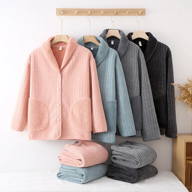 2023 New Winter Couple Coral Plush Thickened And Plushed Warm Sleepwear Set For Men and Women Simple Solid Color Home Fur