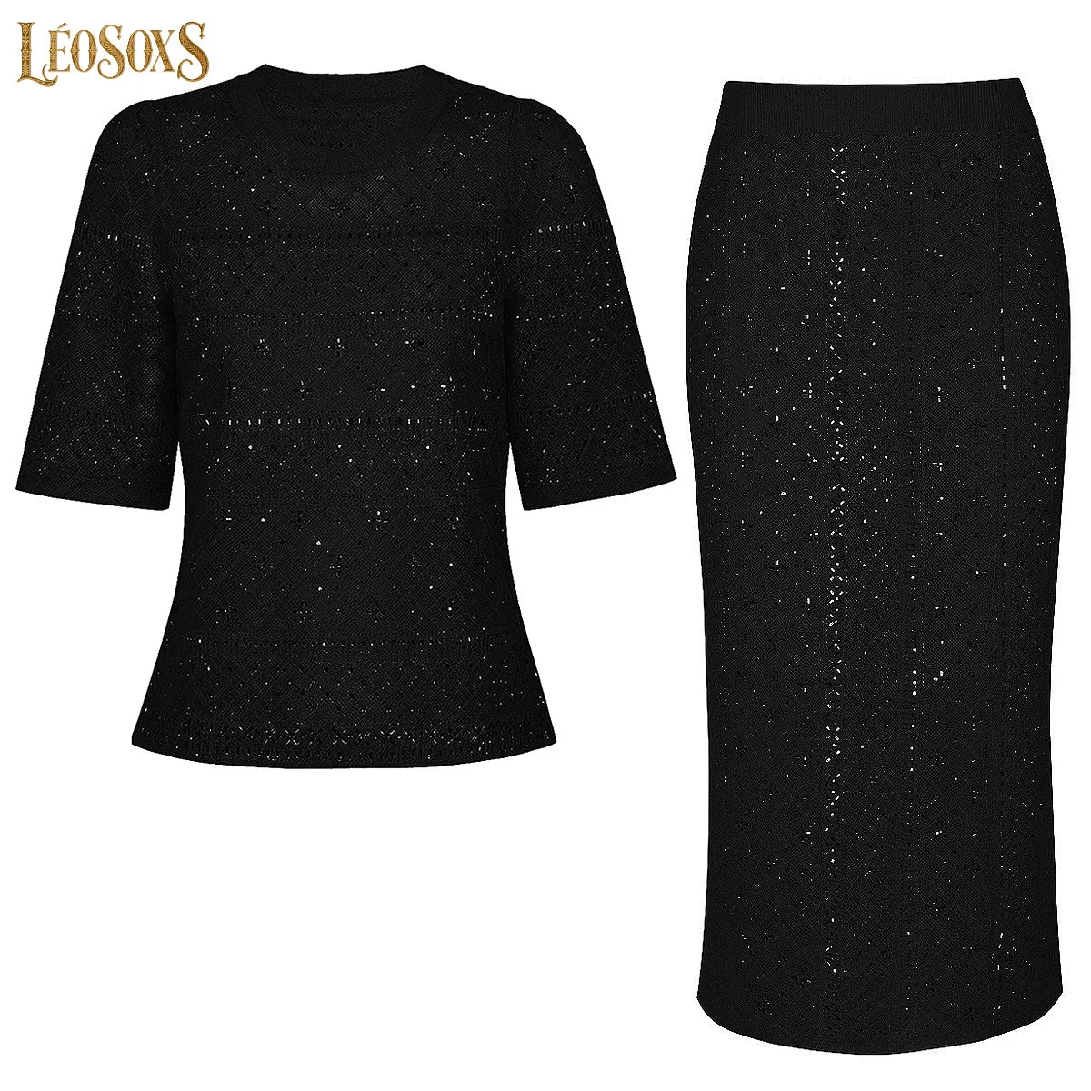 LEOSOXS HighQuality Summer Women Coord Set Knitted Rhinestone Hollow Short Sleeve Top Stylish Skirt Commuter Daily Casual Suit