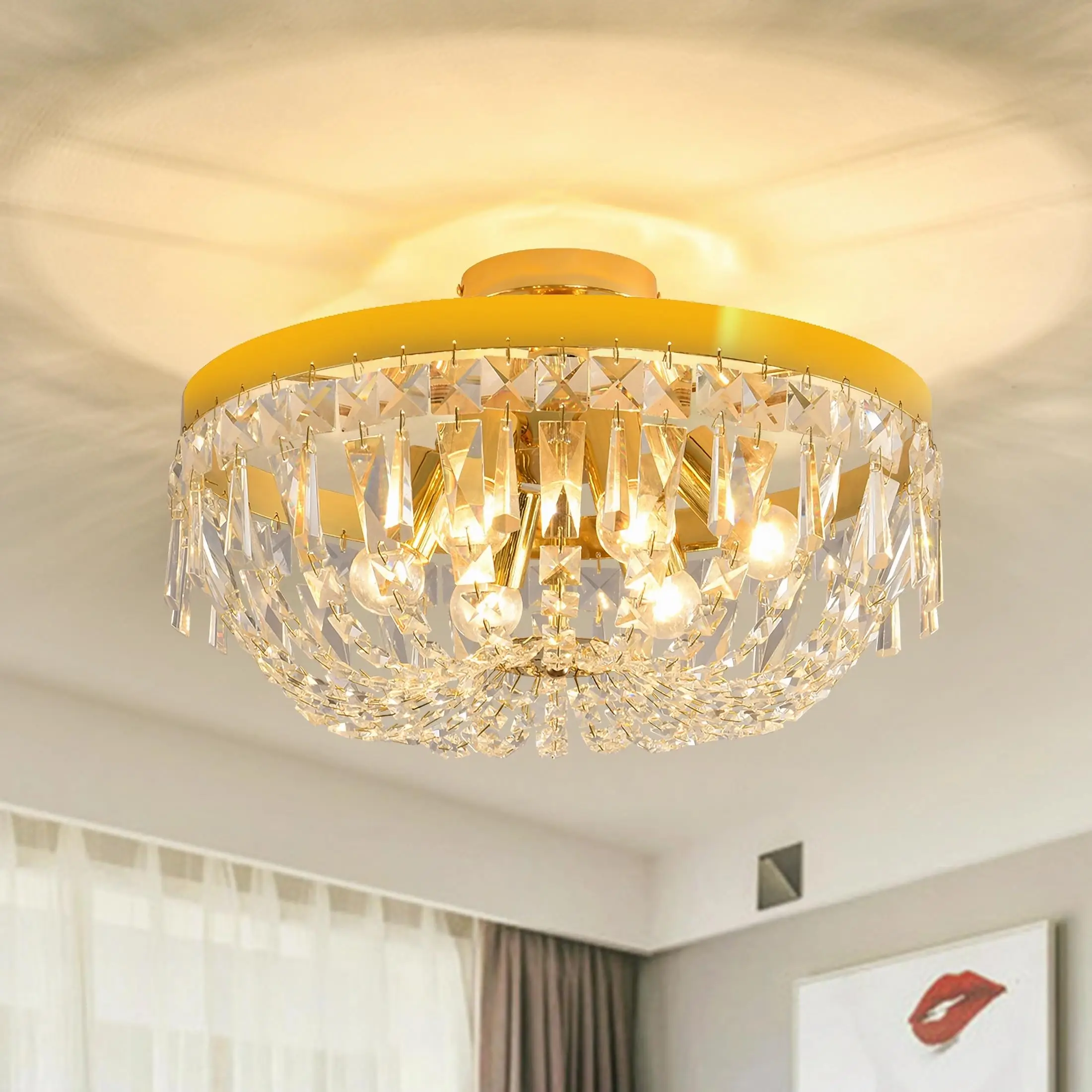 

18" Gold Crystal Ceiling Light Fixture 6-Light E27 Round Crystal Ceiling Chandelier, Semi Flush Mount for Bedroom Living Room